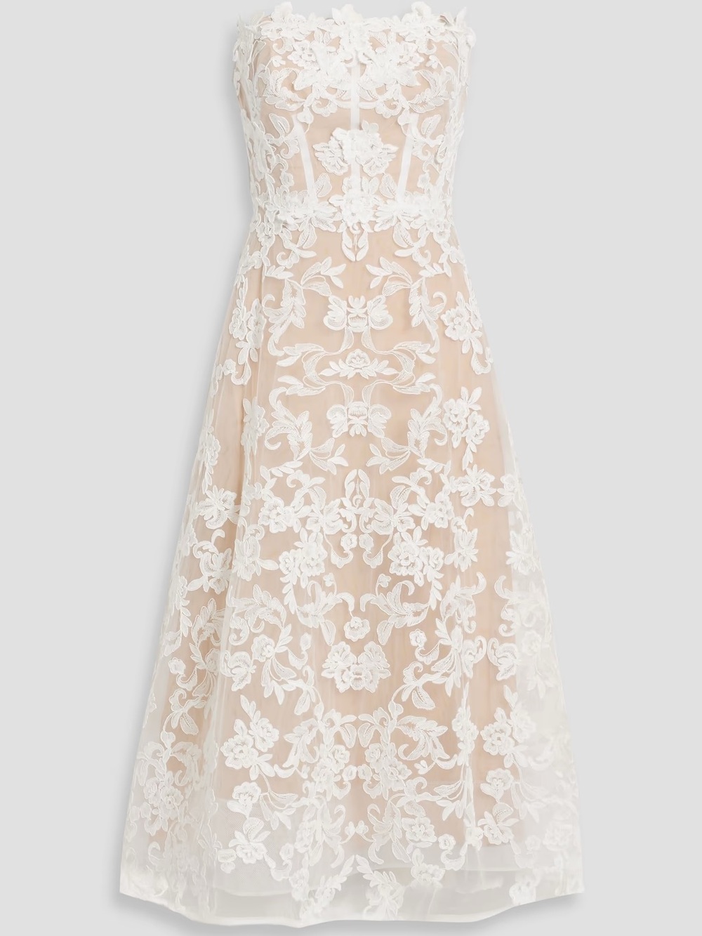 Marchesa Notte Strapless Floral Lace A-Line Dress in White